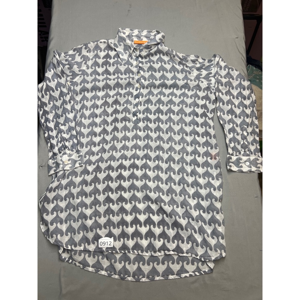 Oliphant Womens XL Cotton Block Print Tunic Shirt Grey White Long Sleeve Top